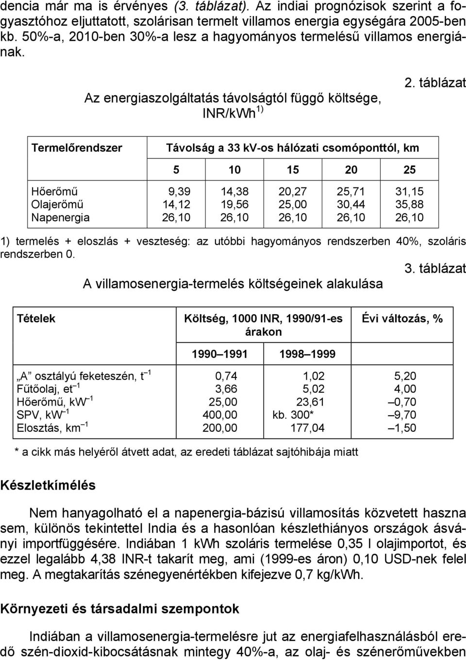 táblázat Termelőrendszer Távolság a 33 kv-os hálózati csomóponttól, km 5 10 15 20 25 Hőerőmű Olajerőmű Napenergia 9,39 14,12 14,38 19,56 20,27 25,00 25,71 30,44 31,15 35,88 1) termelés + eloszlás +