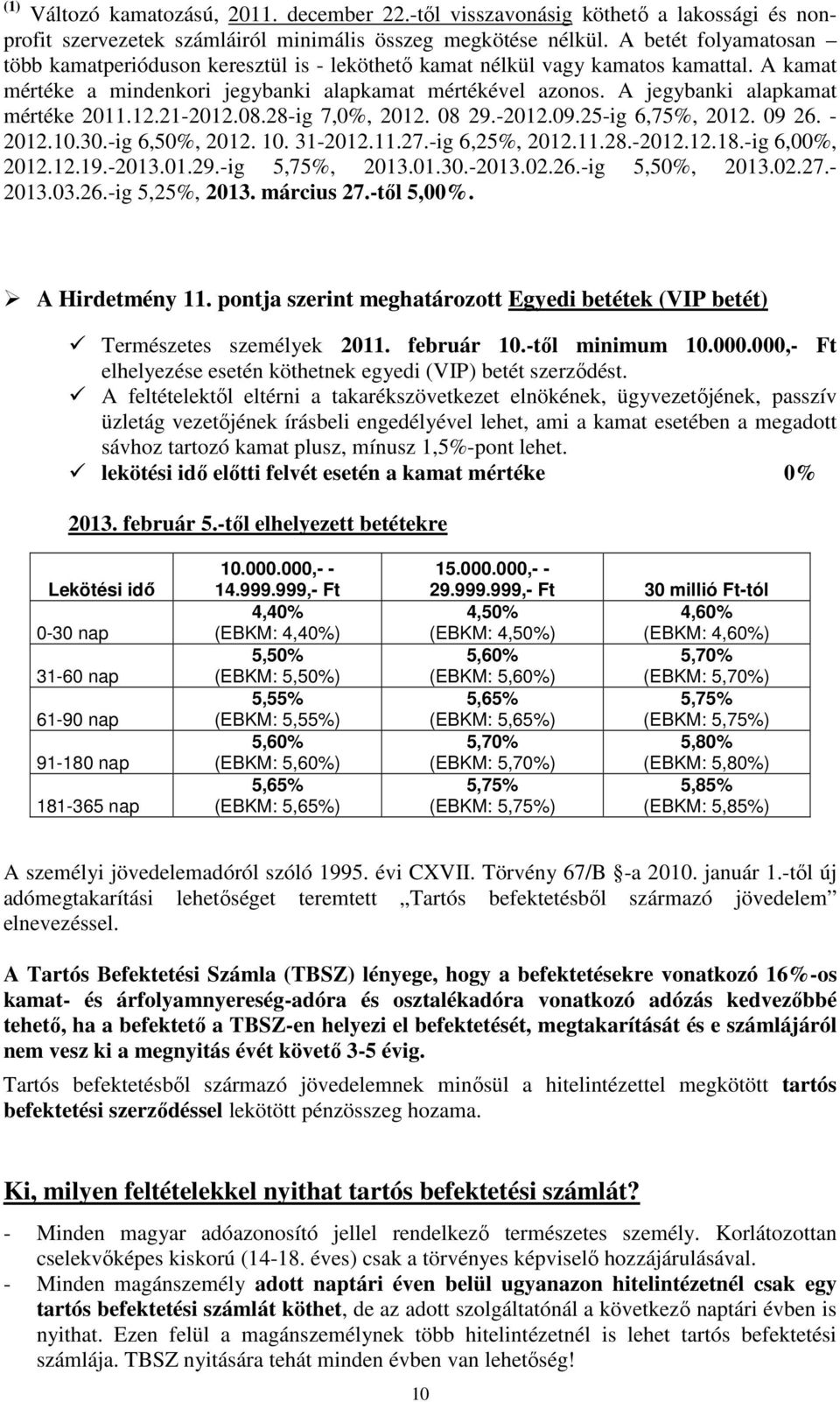 A jegybanki alapkamat mértéke 2011.12.21-2012.08.28-ig 7,0%, 2012. 08 29.-2012.09.25-ig 6,75%, 2012. 09 26. - 2012.10.30.-ig 6,50%, 2012. 10. 31-2012.11.27.-ig 6,25%, 2012.11.28.-2012.12.18.