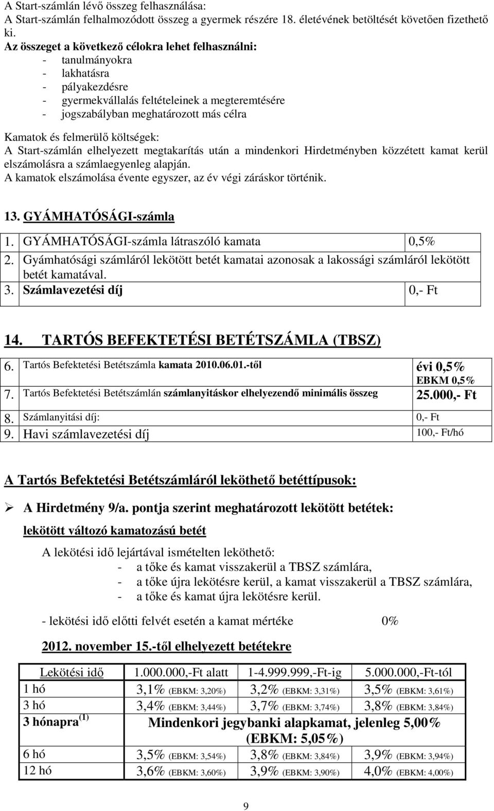 felmerülő költségek: A Start-számlán elhelyezett megtakarítás után a mindenkori Hirdetményben közzétett kamat kerül elszámolásra a számlaegyenleg alapján.