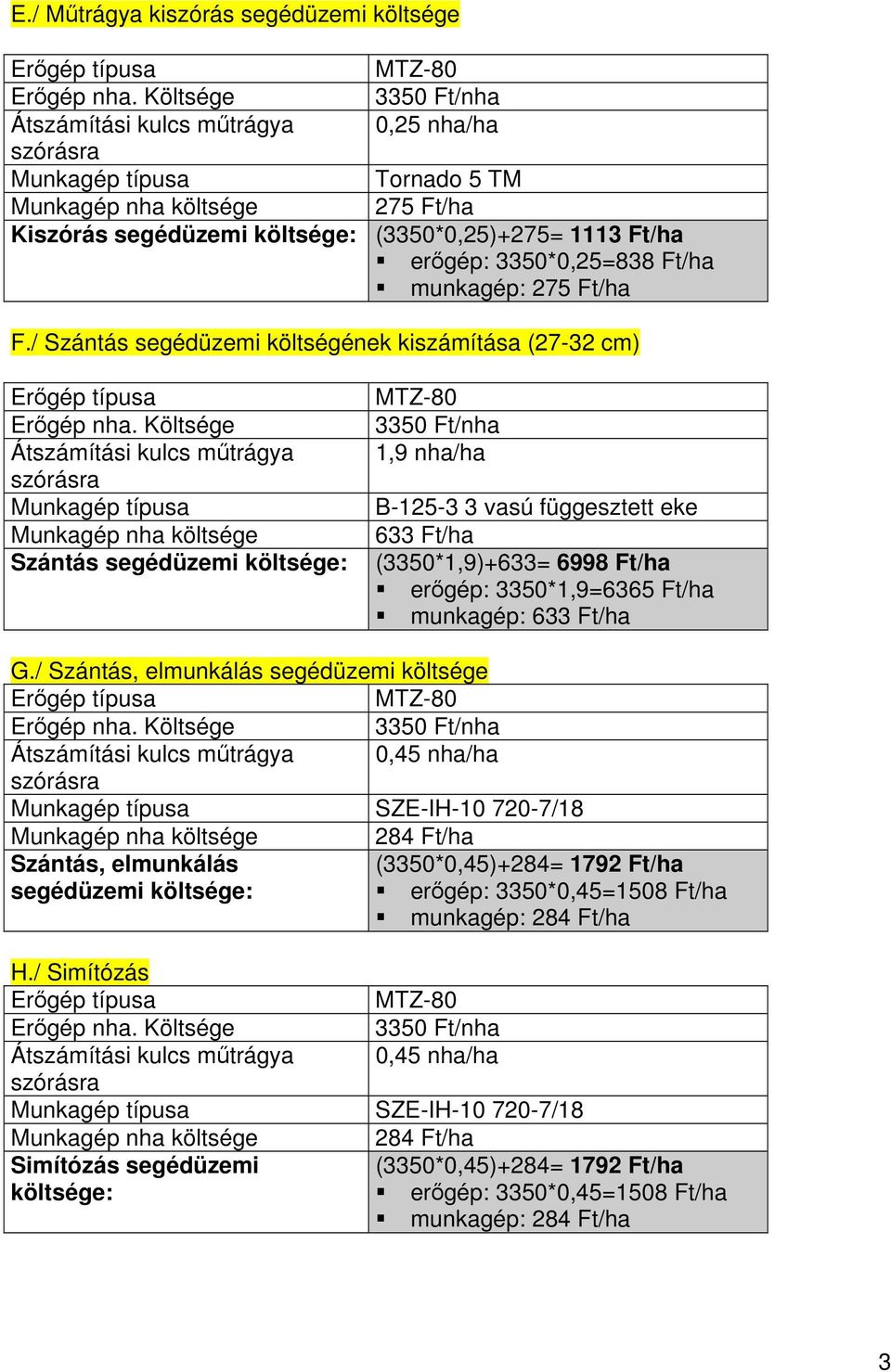 3350*0,25=838 Ft/ha munkagép: 275 Ft/ha F./ Szántás segédüzemi költségének kiszámítása (27-32 cm) Erőgép nha.