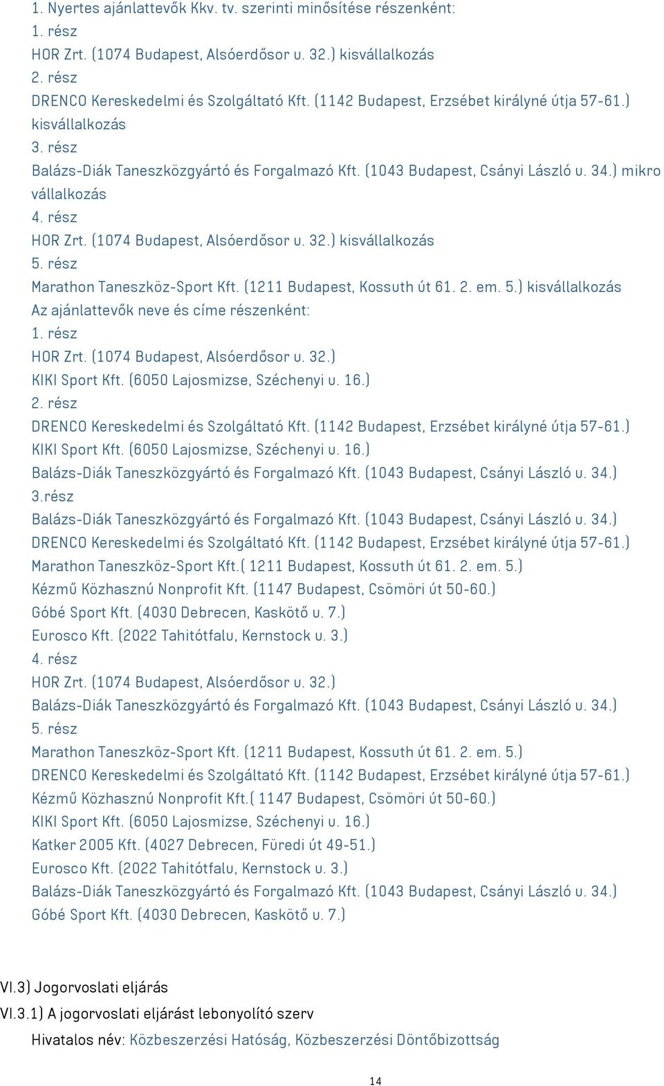 (1074 Budapest, Alsóerdősor u. 32.) kisvállalkozás 5. rész Marathon Taneszköz-Sport Kft. (1211 Budapest, Kossuth út 61. 2. em. 5.) kisvállalkozás Az ajánlattevők neve és címe részenként: 1.