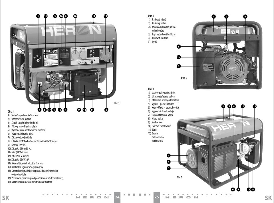 nádrže 8) Čítačka motohodín/merač frekvencie/voltmeter 9) Svorky 12 V DC 10) Zásuvka 230 V/50 Hz 11) Istič (12 V okruh) 12) Istič (230 V okruh) 13) Zásuvka 230V/32A 14) Akumulátor elektrického