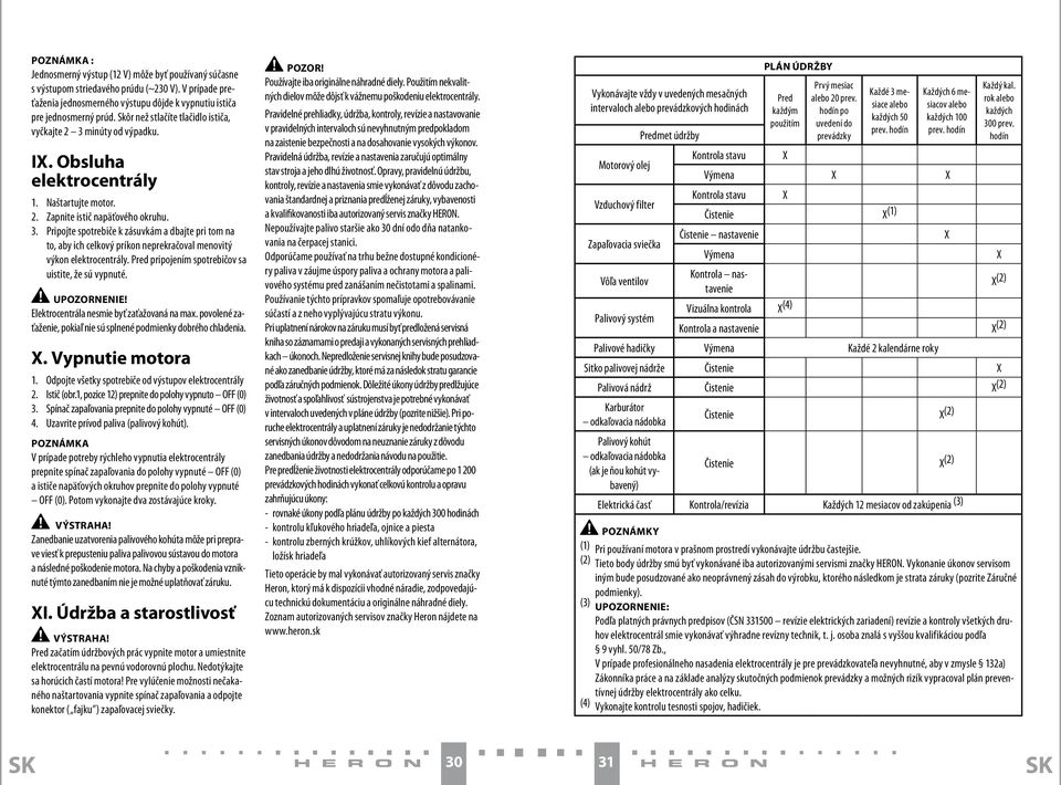 Pred pripojením spotrebičov sa uistite, že sú vypnuté. UPOZORNENIE! Elektrocentrála nesmie byť zaťažovaná na max. povolené zaťaženie, pokiaľ nie sú splnené podmienky dobrého chladenia. X.