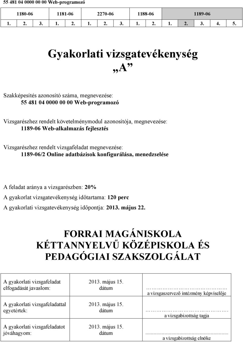 gyakorlat vizsgatevékenység időtartama: 120 perc A gyakorlati vizsgatevékenység időpontja: 2013. május 22.