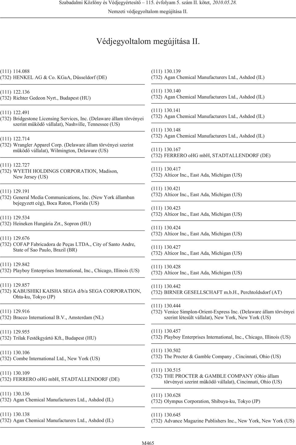 (Delaware állam törvényei szerint müködõ vállalat), Wilmington, Delaware (US) (111) 122.727 (732) WYETH HOLDINGS CORPORATION, Madison, New Jersey (US) (111) 129.