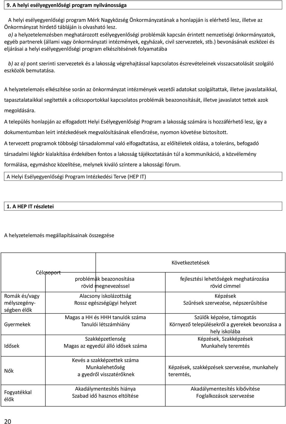 stb.) bevonásának eszközei és eljárásai a helyi esélyegyenlőségi program elkészítésének folyamatába b) az a) pont szerinti szervezetek és a lakosság végrehajtással kapcsolatos észrevételeinek