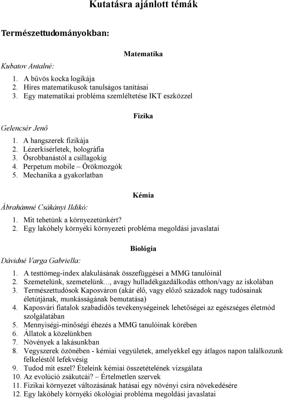 Mit tehetünk a környezetünkért? 2. Egy lakóhely környéki környezeti probléma megoldási javaslatai Dávidné Varga Gabriella: Biológia 1. A testtömeg-index alakulásának összefüggései a MMG tanulóinál 2.