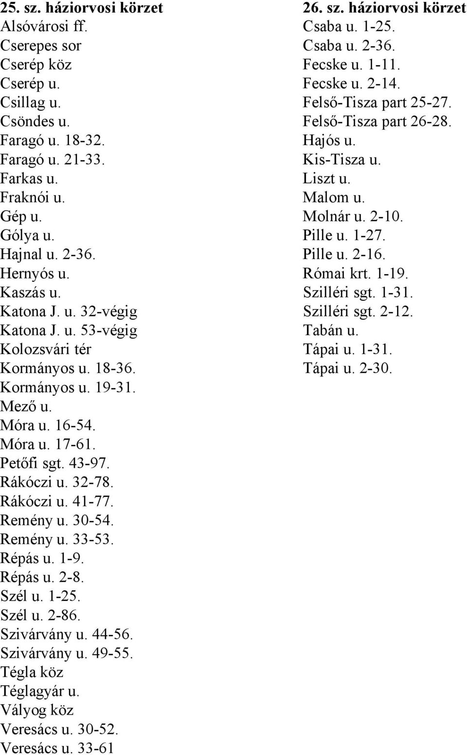 Remény u. 30-54. Remény u. 33-53. Répás u. 1-9. Répás u. 2-8. Szél u. 1-25. Szél u. 2-86. Szivárvány u. 44-56. Szivárvány u. 49-55. Tégla köz Téglagyár u. Vályog köz Veresács u. 30-52. Veresács u. 33-61 26.