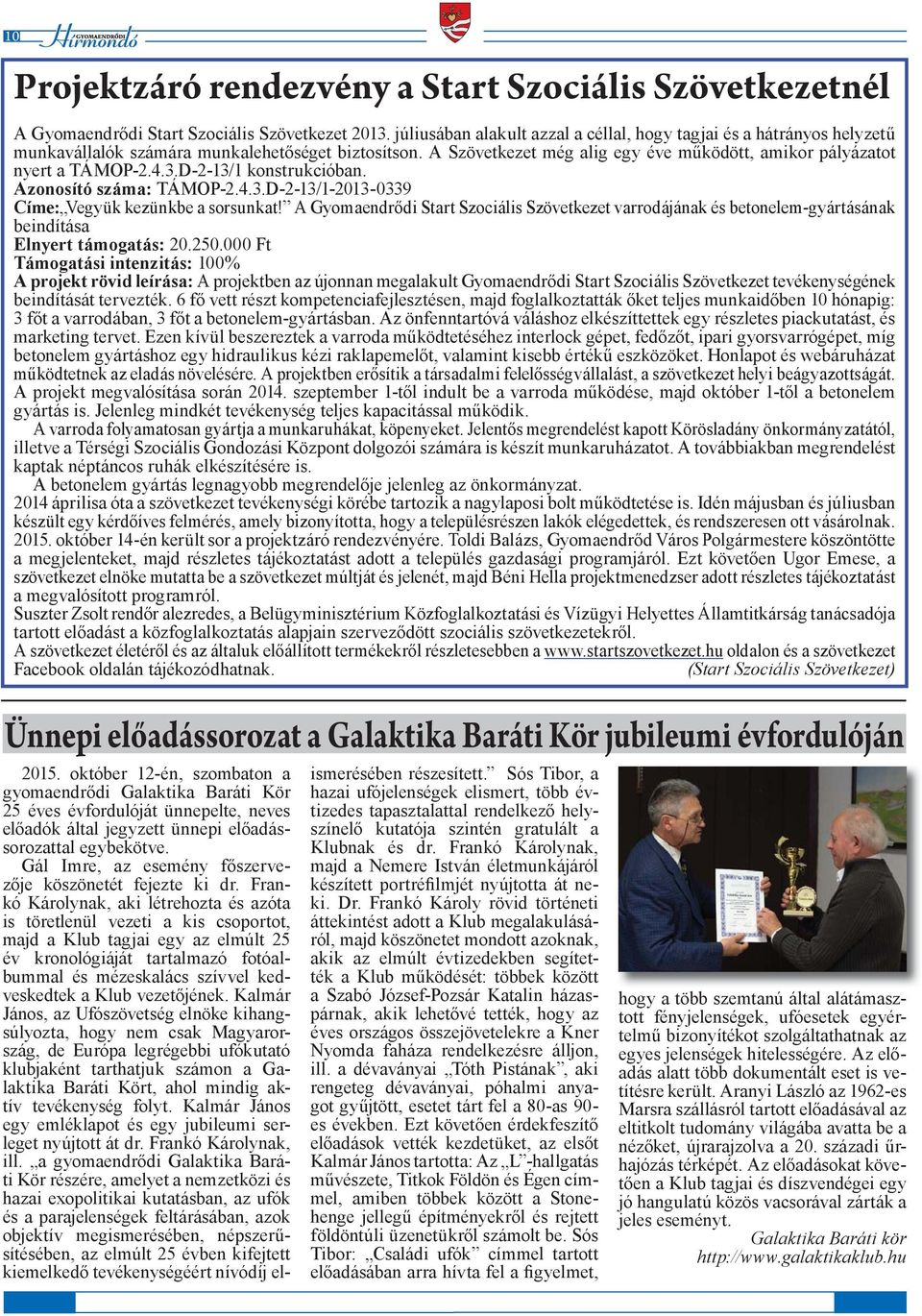 3.D-2-13/1 konstrukcióban. Azonosító száma: TÁMOP-2.4.3.D-2-13/1-2013-0339 Címe: Vegyük kezünkbe a sorsunkat!