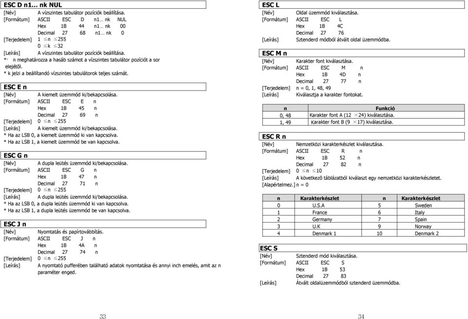 ASCII ESC E n Hex 1B 45 n Decimal 27 69 n A kiemelt üzemmód ki/bekapcsolása. * Ha az LSB 0, a kiemelt üzemmód ki van kapcsolva. * Ha az LSB 1, a kiemelt üzemmód be van kapcsolva.