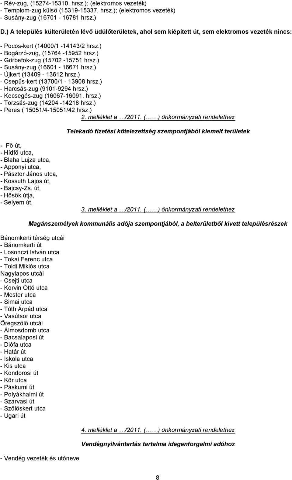 ) - Görbefok-zug (15702-15751 hrsz.) - Susány-zug (16601-16671 hrsz.) - Újkert (13409-13612 hrsz.) - Csepűs-kert (13700/1-13908 hrsz.) - Harcsás-zug (9101-9294 hrsz.) - Kecsegés-zug (16067-16091.