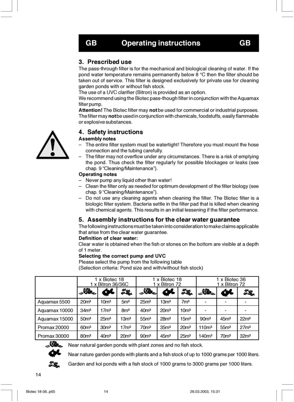 This filter is designed exclusively for private use for cleaning garden ponds with or without fish stock. The use of a UVC clarifier (Bitron) is provided as an option.