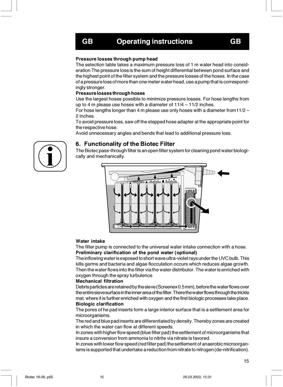 In the case of a pressure loss of more than one meter water head, use a pump that is correspondingly stronger. Pressure losses through hoses Use the largest hoses possible to minimize pressure losses.