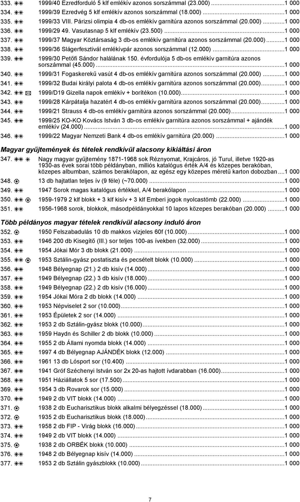 1999/37 Magyar Köztársaság 3 db-os emlékív garnitúra azonos sorszámmal (20.000)...1 000 338. 1999/36 Slágerfesztivál emlékívpár azonos sorszámmal (12.000)...1 000 339.