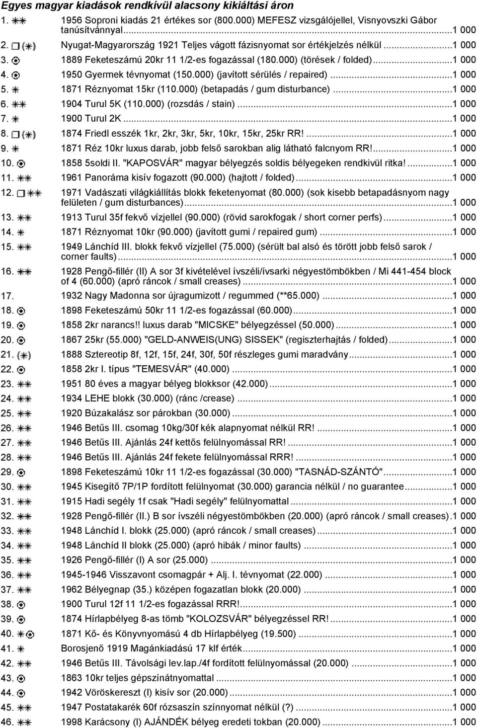 000) (javított sérülés / repaired)...1 000 5. 1871 Réznyomat 15kr (110.000) (betapadás / gum disturbance)...1 000 6. 1904 Turul 5K (110.000) (rozsdás / stain)...1 000 7. 1900 Turul 2K...1 000 8.
