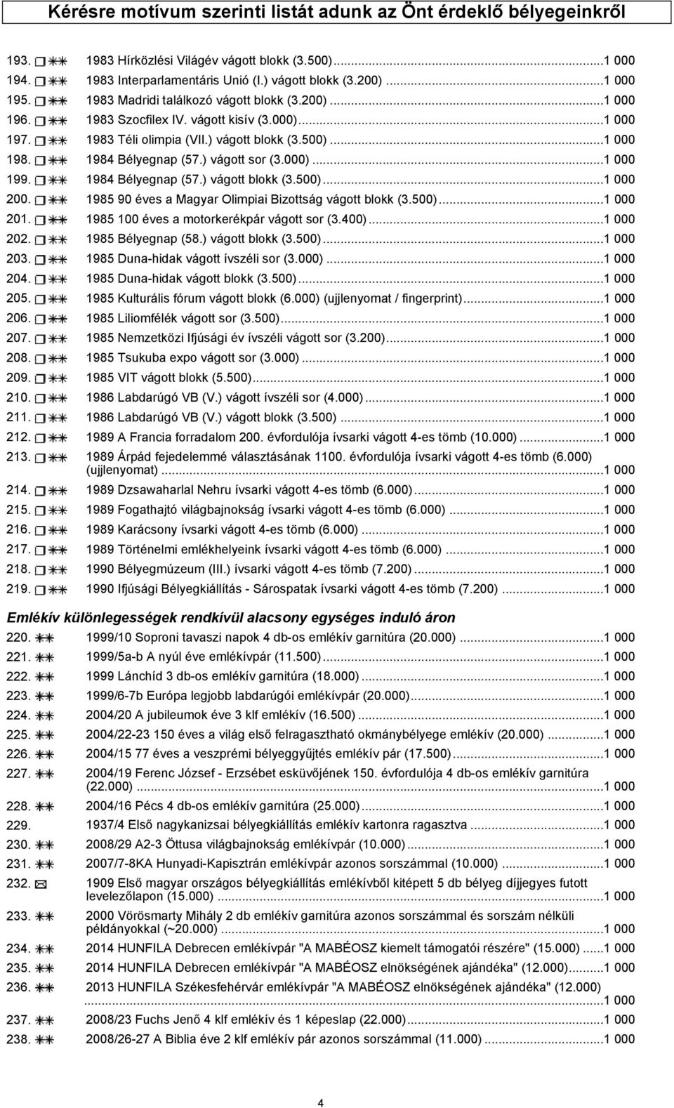 ) vágott sor (3.000)...1 000 199. 1984 Bélyegnap (57.) vágott blokk (3.500)...1 000 200. 1985 90 éves a Magyar Olimpiai Bizottság vágott blokk (3.500)...1 000 201.