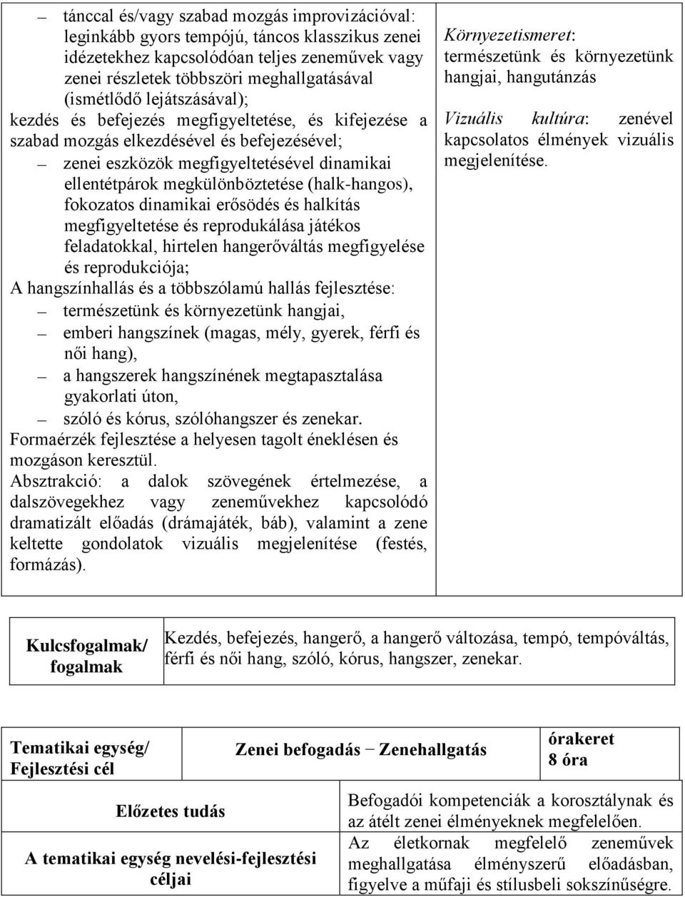 (halk-hangos), fokozatos dinamikai erősödés és halkítás megfigyeltetése és reprodukálása játékos feladatokkal, hirtelen hangerőváltás megfigyelése és reprodukciója; A hangszínhallás és a többszólamú