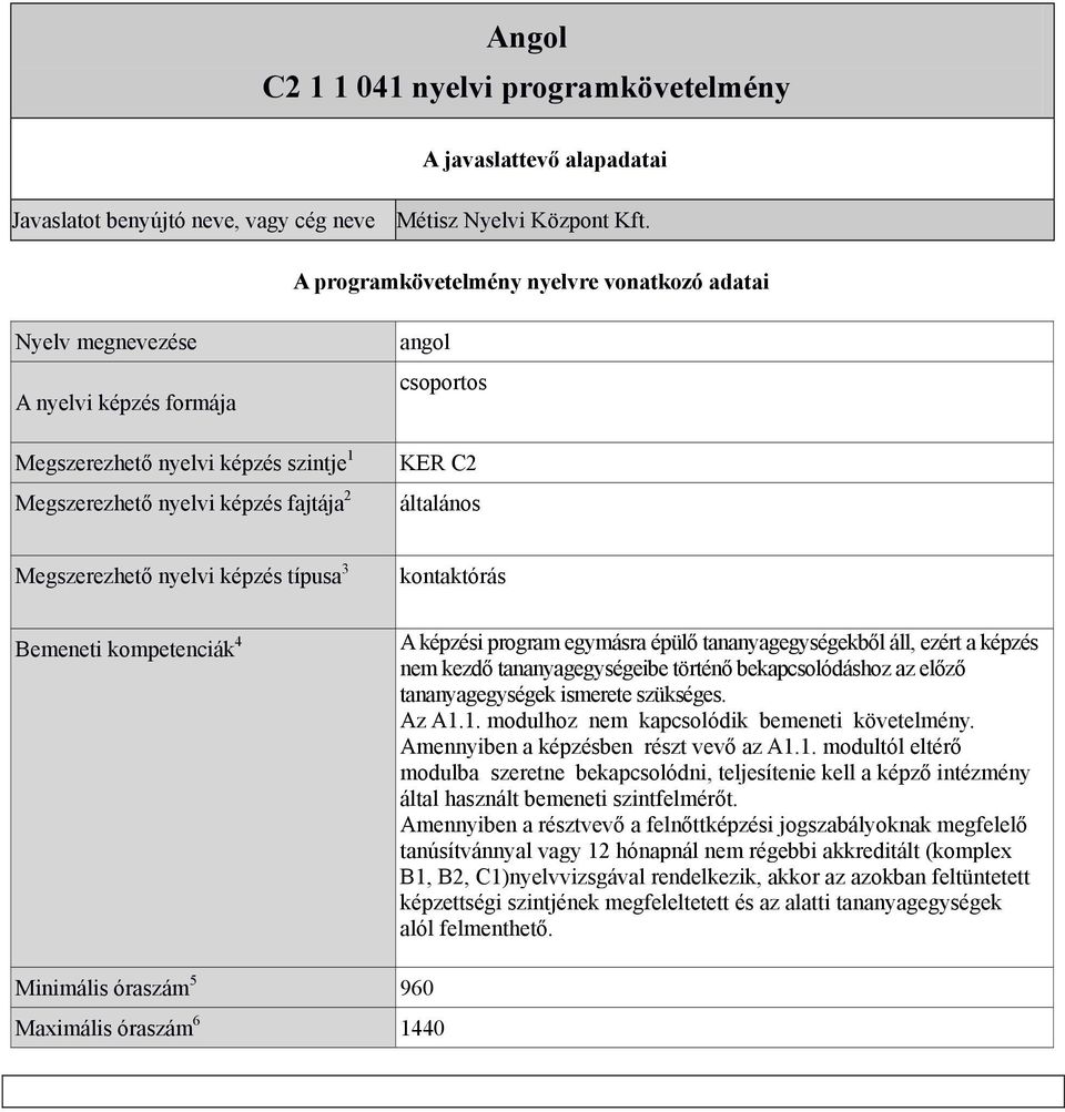 Megszerezhető nyelvi képzés típusa 3 Bemeneti kompetenciák 4 kontaktórás A képzési program egymásra épülő tananyagegységekből áll, ezért a képzés nem kezdő tananyagegységeibe történő bekapcsolódáshoz