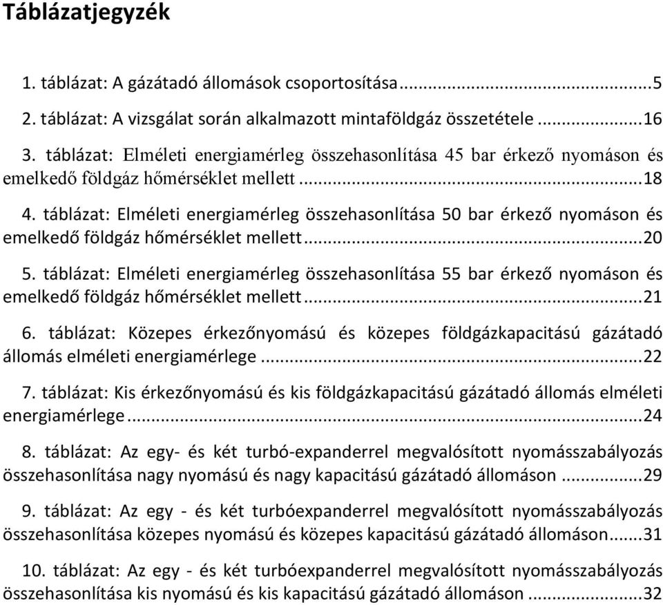 táblázat: Elméleti energiamérleg összehasonlítása 50 bar érkező nyomáson és emelkedő földgáz hőmérséklet mellett... 20 5.