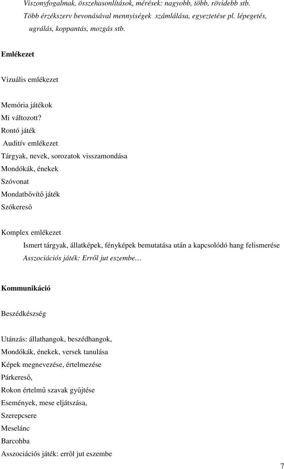 Rontó játék Auditív emlékezet Tárgyak, nevek, sorozatok visszamondása Mondókák, énekek Szóvonat Mondatbővítő játék Szókereső Komplex emlékezet Ismert tárgyak, állatképek, fényképek bemutatása