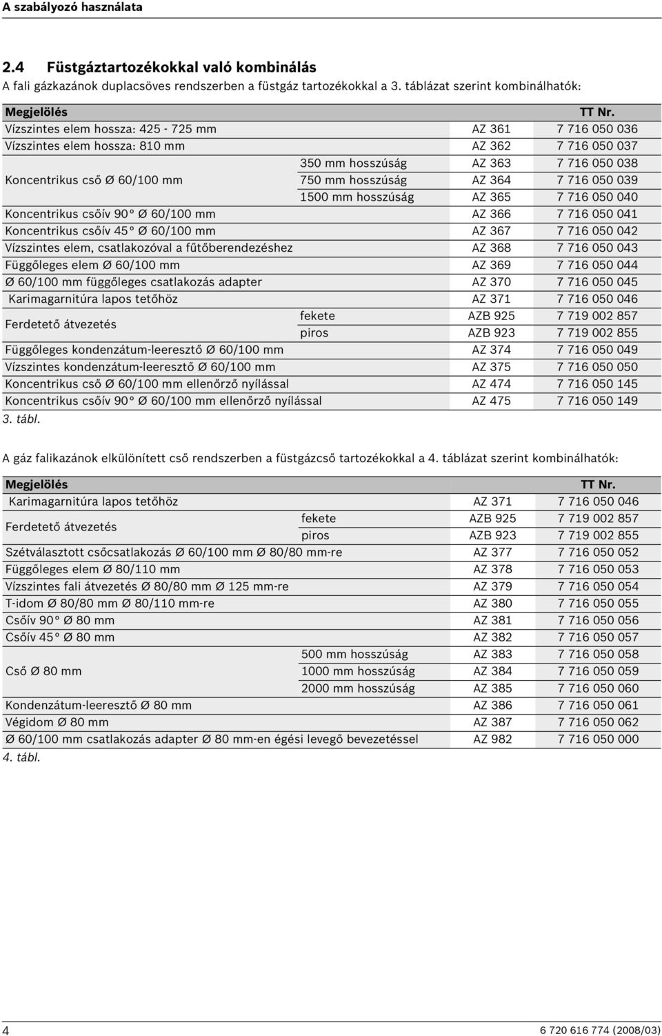 039 500 mm hosszúság AZ 365 7 76 050 040 Koncentrikus csőív 90 Ø 60/00 mm AZ 366 7 76 050 04 Koncentrikus csőív 45 Ø 60/00 mm AZ 367 7 76 050 04 Vízszintes elem, csatlakozóval a fűtőberendezéshez AZ