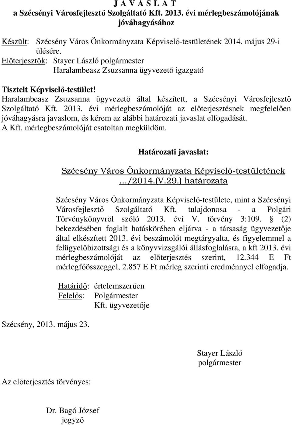 Haralambeasz Zsuzsanna ügyvezető által készített, a Szécsényi Városfejlesztő Szolgáltató Kft. 2013.