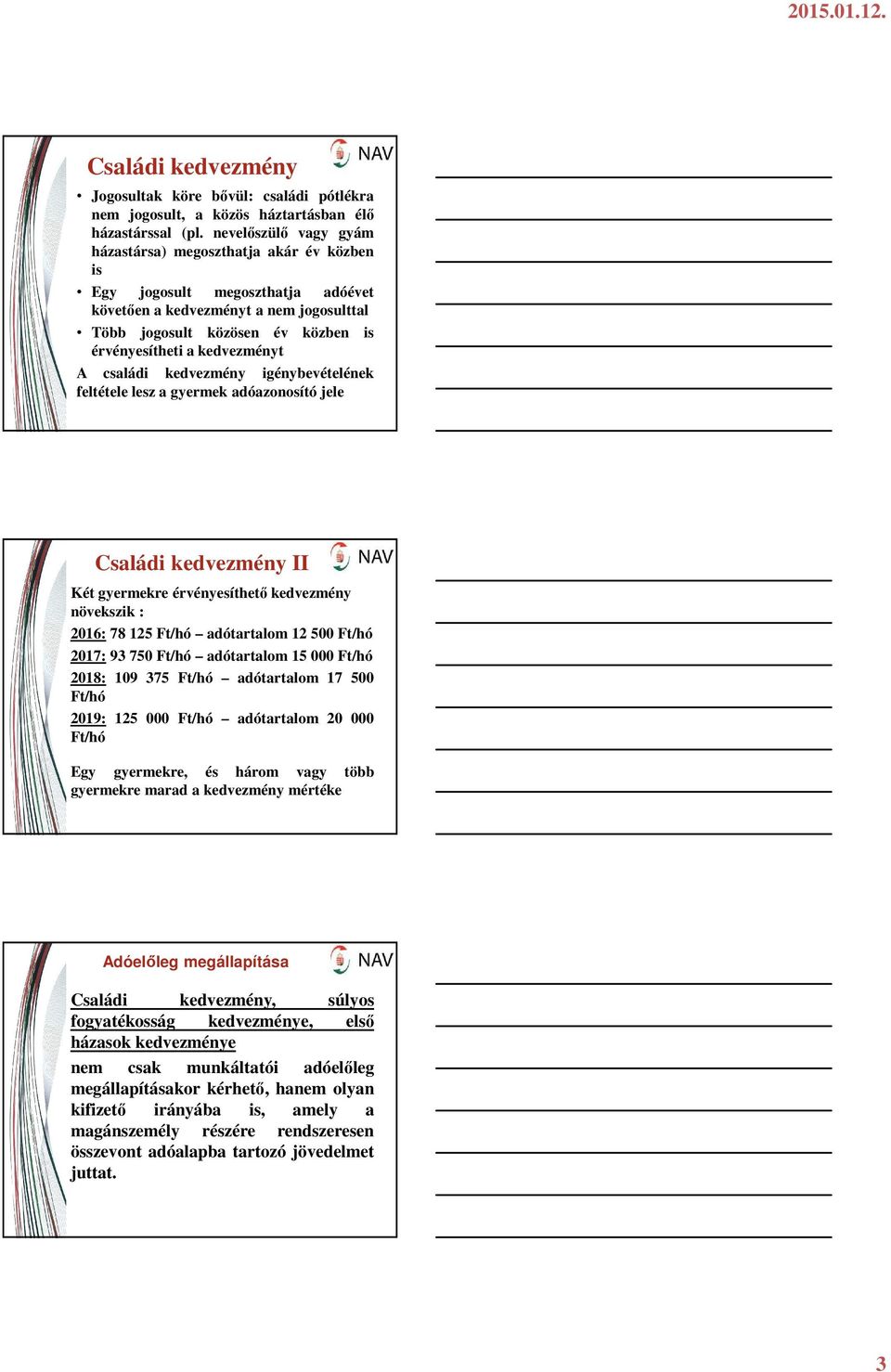 kedvezményt A családi kedvezmény igénybevételének feltétele lesz a gyermek adóazonosító jele Családi kedvezmény II Két gyermekre érvényesíthető kedvezmény növekszik : 2016: 78 125 Ft/hó adótartalom