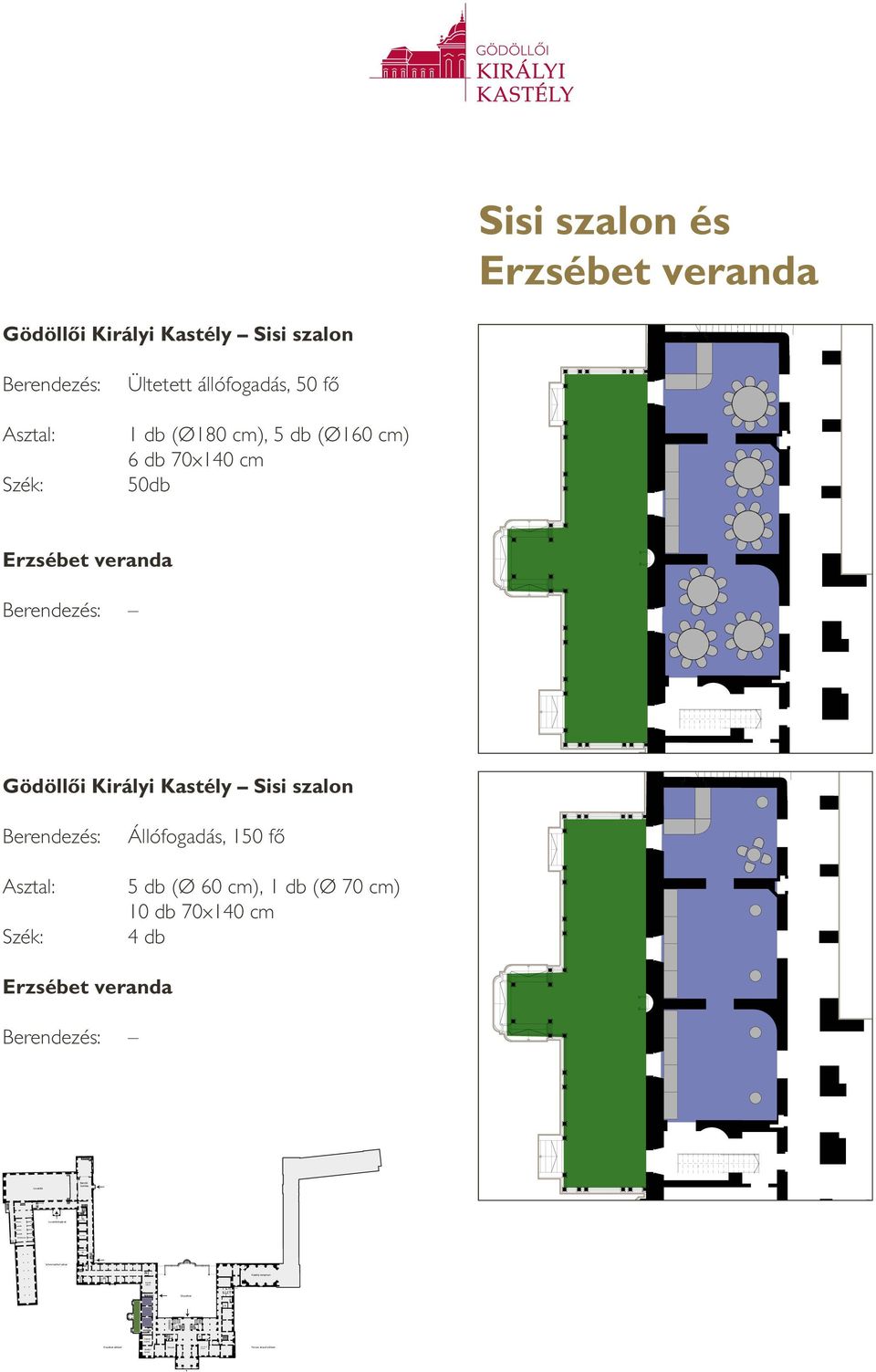 szalon Ültetett állófogadás, 50 fô 1 db (Ø180 cm), 5 db (Ø160 cm) 6 db 70x140 cm 50db Erzsébet veranda Gödöllôi