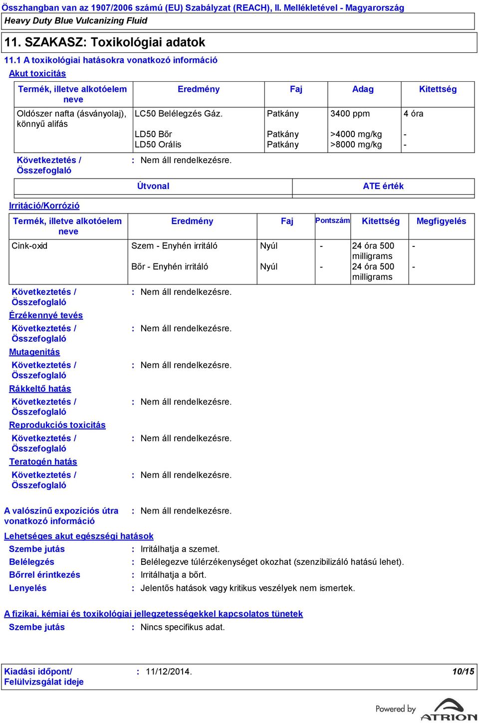 Mutagenitás Rákkeltő hatás Reprodukciós toxicitás Teratogén hatás Lehetséges akut egészségi hatások Szembe jutás Belélegzés Bőrrel érintkezés Lenyelés Belélegezve túlérzékenységet okozhat