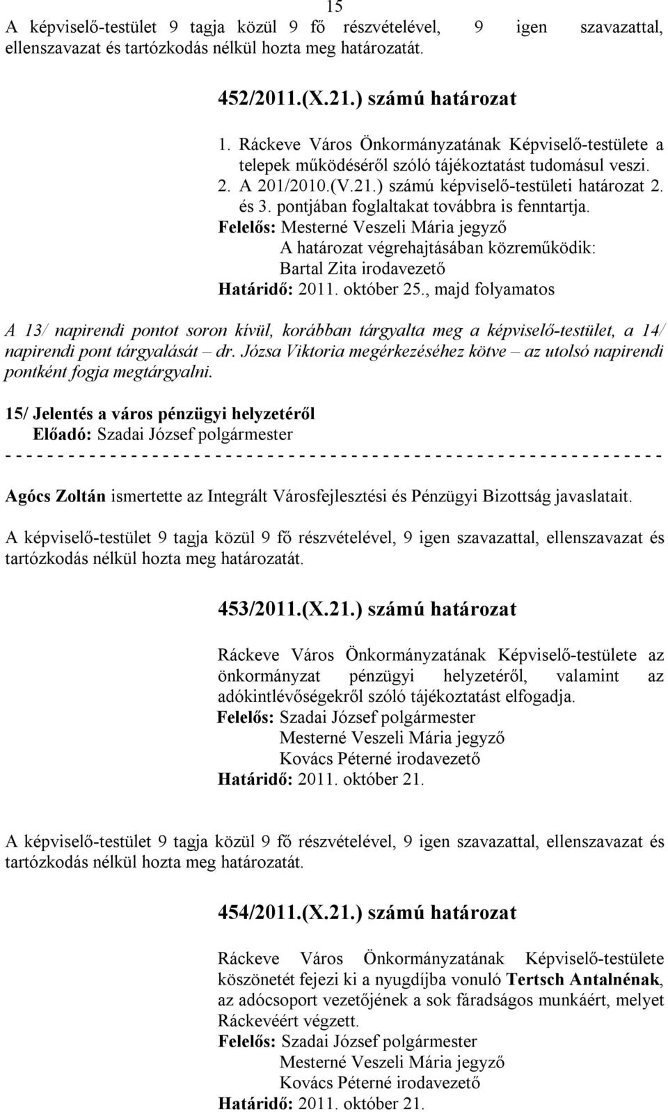 pontjában foglaltakat továbbra is fenntartja. Felelős: Bartal Zita irodavezető Határidő: 2011. október 25.