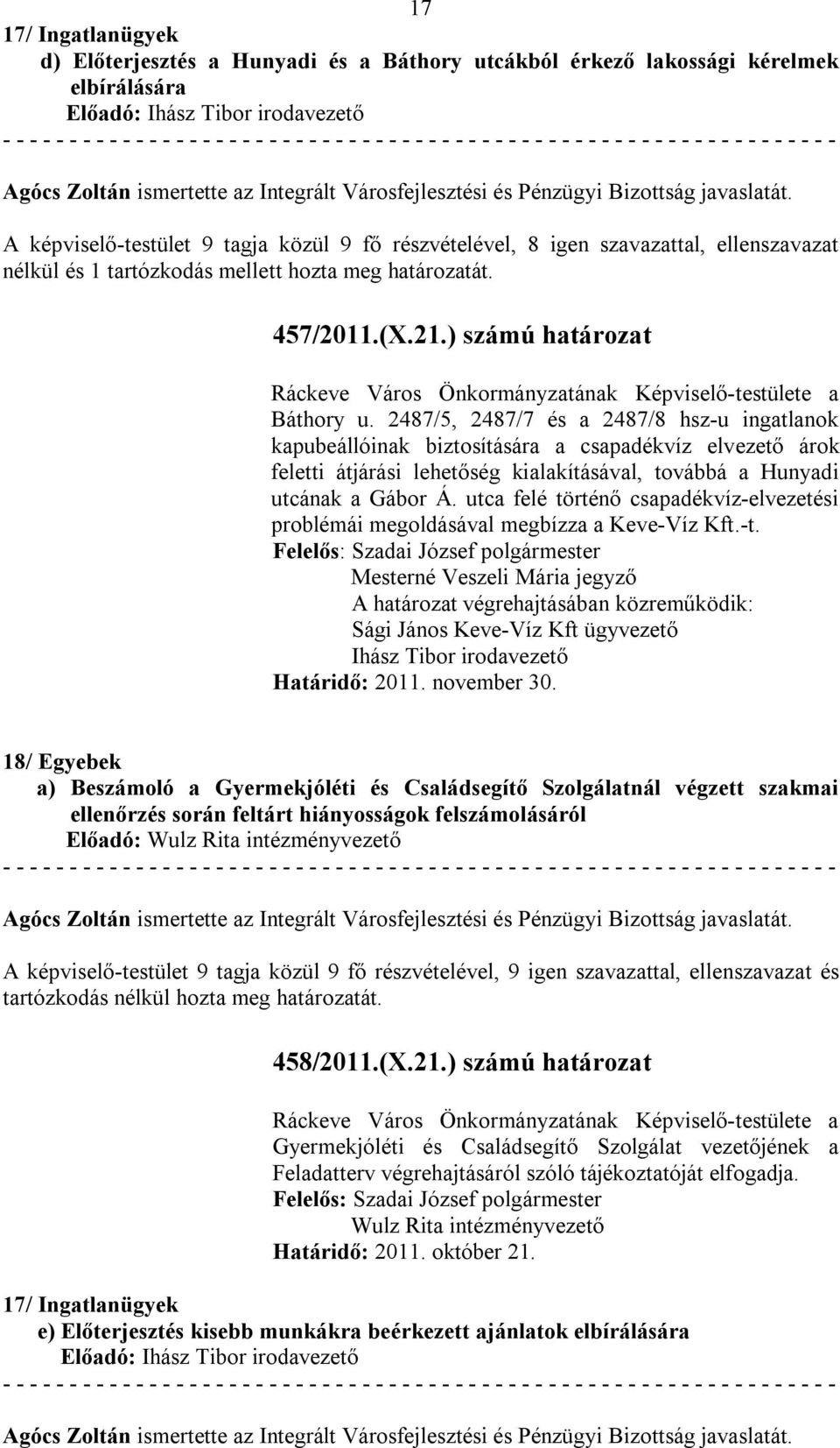 2487/5, 2487/7 és a 2487/8 hsz-u ingatlanok kapubeállóinak biztosítására a csapadékvíz elvezető árok feletti átjárási lehetőség kialakításával, továbbá a Hunyadi utcának a Gábor Á.