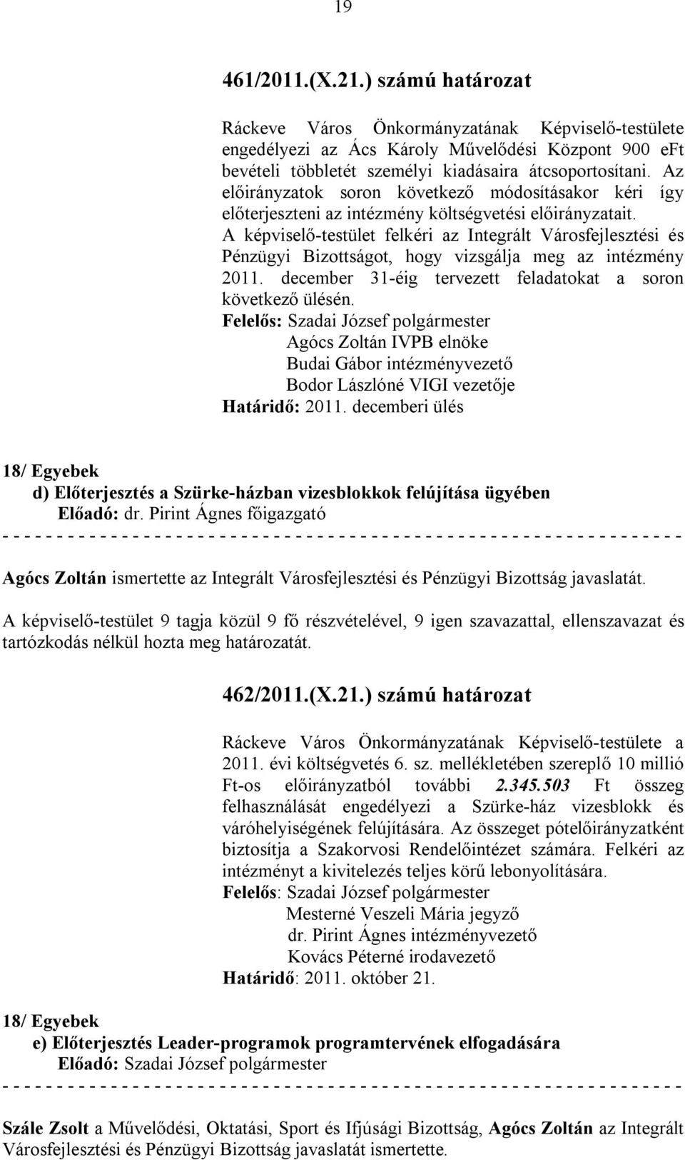 A képviselő-testület felkéri az Integrált Városfejlesztési és Pénzügyi Bizottságot, hogy vizsgálja meg az intézmény 2011. december 31-éig tervezett feladatokat a soron következő ülésén.