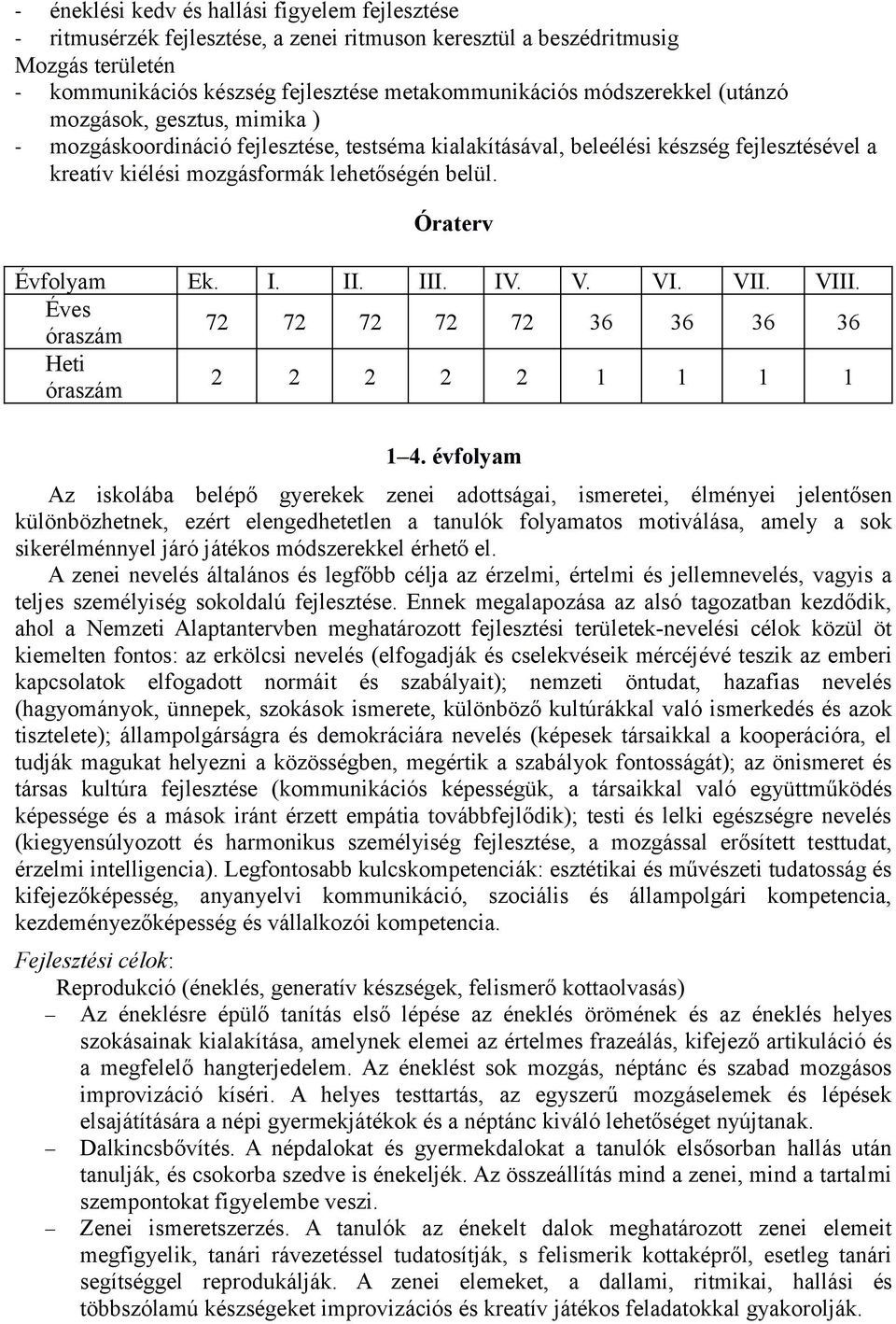 Óraterv Évfolyam Ek. I. II. III. IV. V. VI. VII. VIII. Éves óraszám 72 72 72 72 72 36 36 36 36 Heti óraszám 2 2 2 2 2 1 1 1 1 1 4.