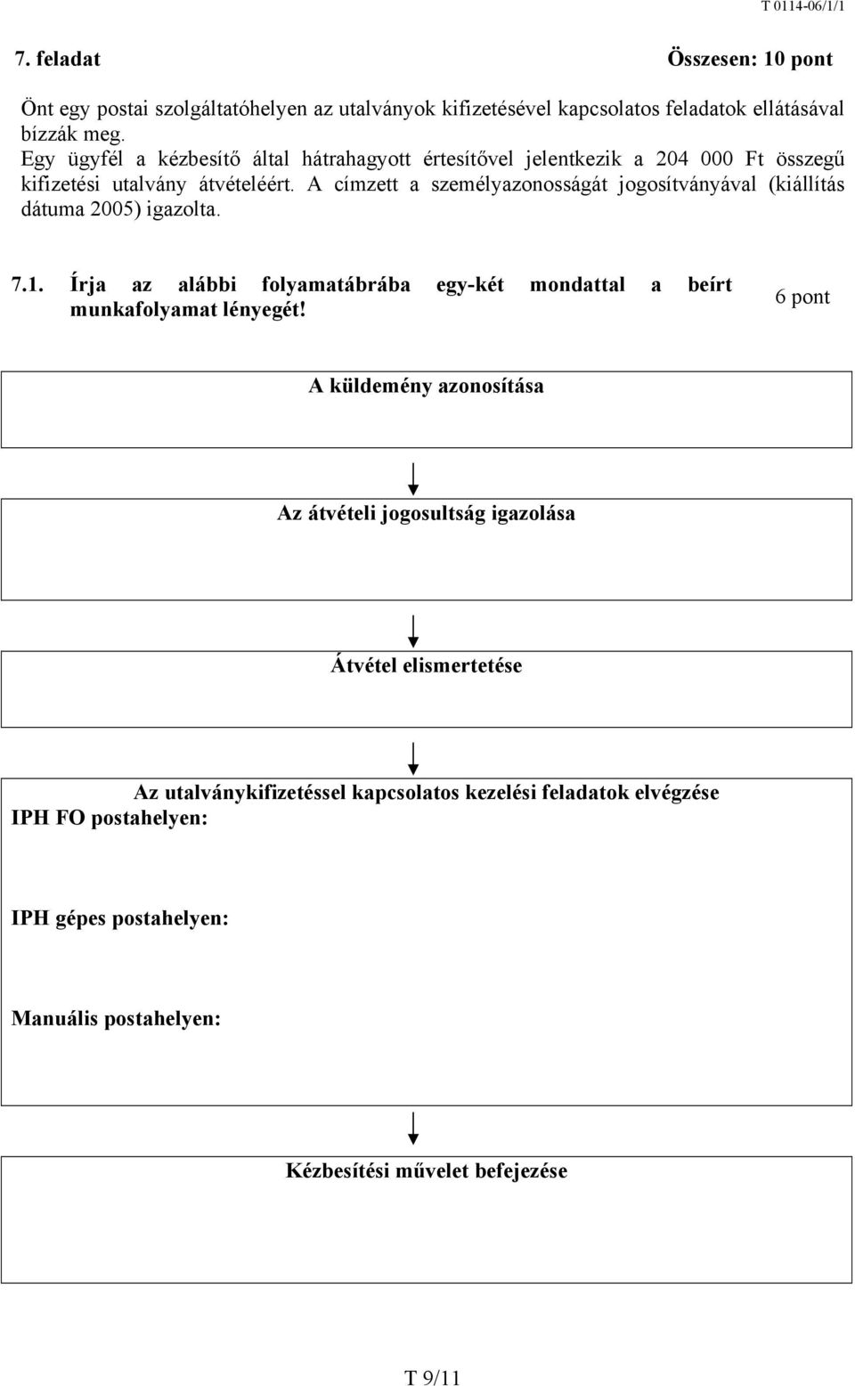 A címzett a személyazonosságát jogosítványával (kiállítás dátuma 2005) igazolta. 7.1. Írja az alábbi folyamatábrába egy-két mondattal a beírt munkafolyamat lényegét!