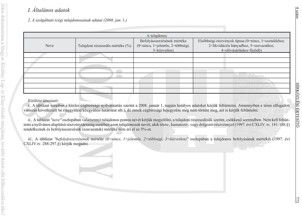 hányadhoz, 3=szavazathoz, 4=elõvásárláshoz fûzõdõ) Kitöltési útmutató: i., A táblázat soraiban a hiteles cégbírósági nyilvántartás szerint a 2008. január 1.