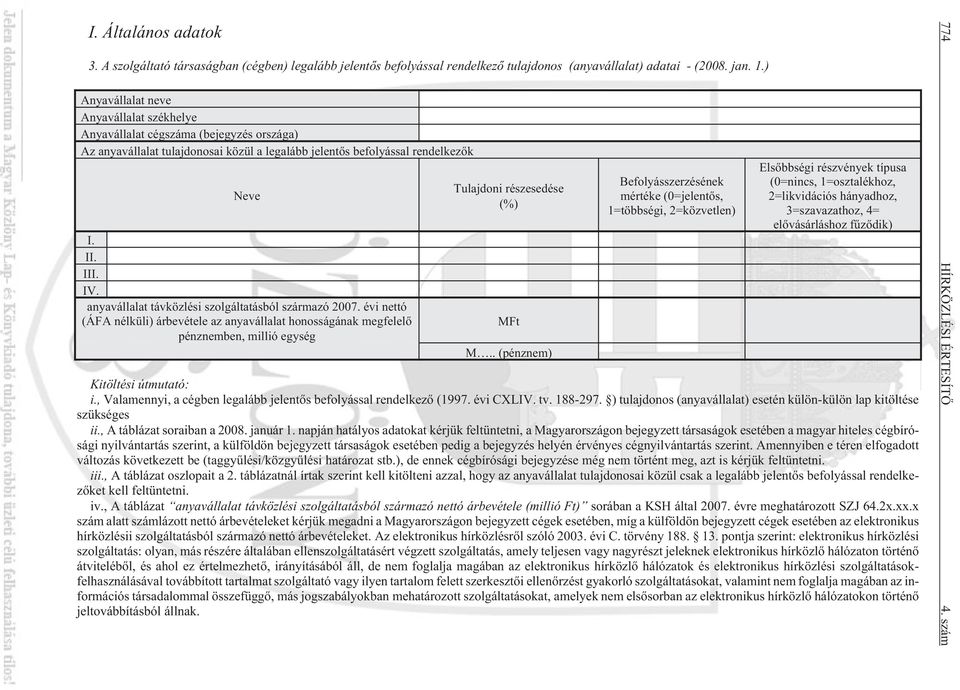 anyavállalat távközlési szolgáltatásból származó 2007. évi nettó (ÁFA nélküli) árbevétele az anyavállalat honosságának megfelelõ pénznemben, millió egység Tulajdoni részesedése (%) MFt M.