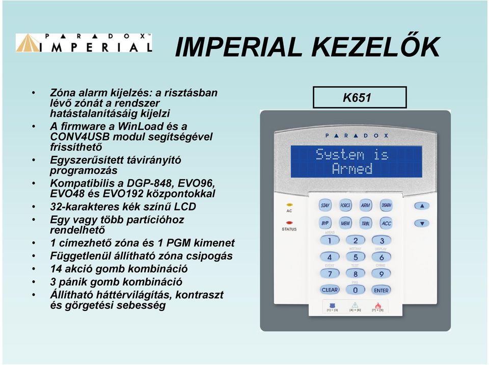 központokkal 32-karakteres kék színű LCD Egy vagy több partícióhoz rendelhető 1 címezhető zóna és 1 PGM kimenet Függetlenül