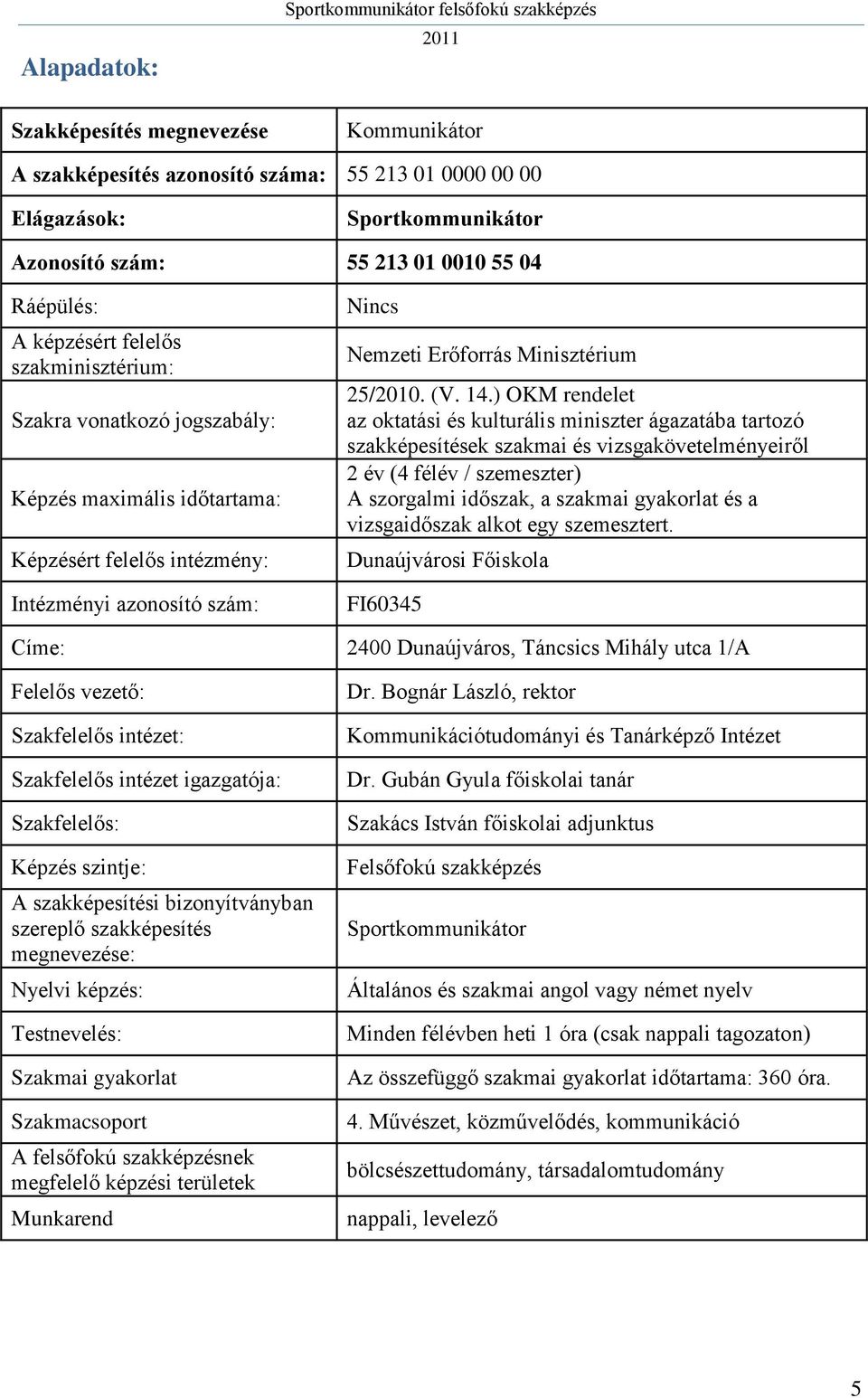 ) OKM rendelet az oktatási és kulturális miniszter ágazatába tartozó szakképesítések szakmai és vizsgakövetelményeiről 2 év (4 félév / szemeszter) A szorgalmi időszak, a szakmai gyakorlat és a