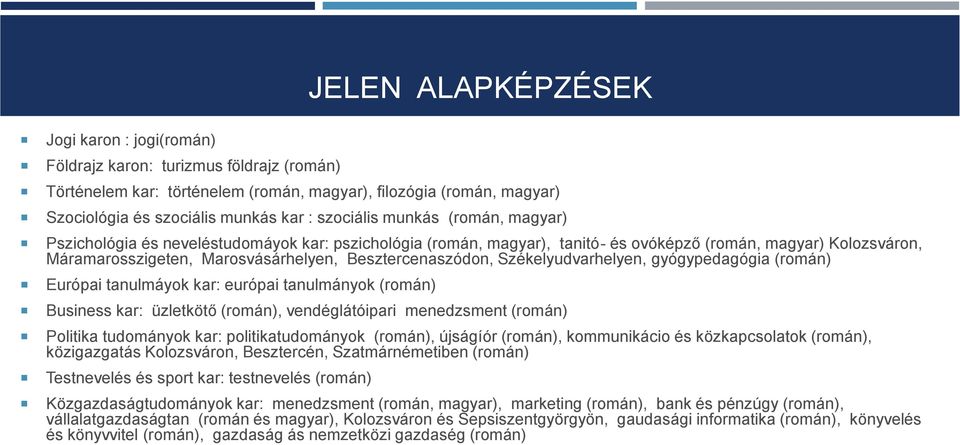 Besztercenaszódon, Székelyudvarhelyen, gyógypedagógia (román) Európai tanulmáyok kar: európai tanulmányok (román) Business kar: üzletkötő (román), vendéglátóipari menedzsment (román) Politika