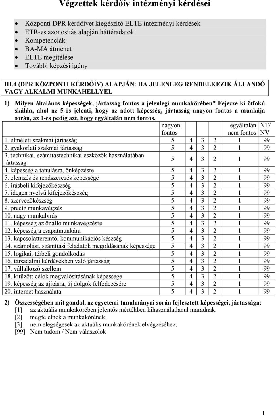 Fejezze ki ötfokú skálán, ahol az 5-ös jelenti, hogy az adott képesség, jártasság nagyon fontos a munkája során, az 1-es pedig azt, hogy egyáltalán nem fontos. nagyon fontos egyáltalán nem fontos 1.