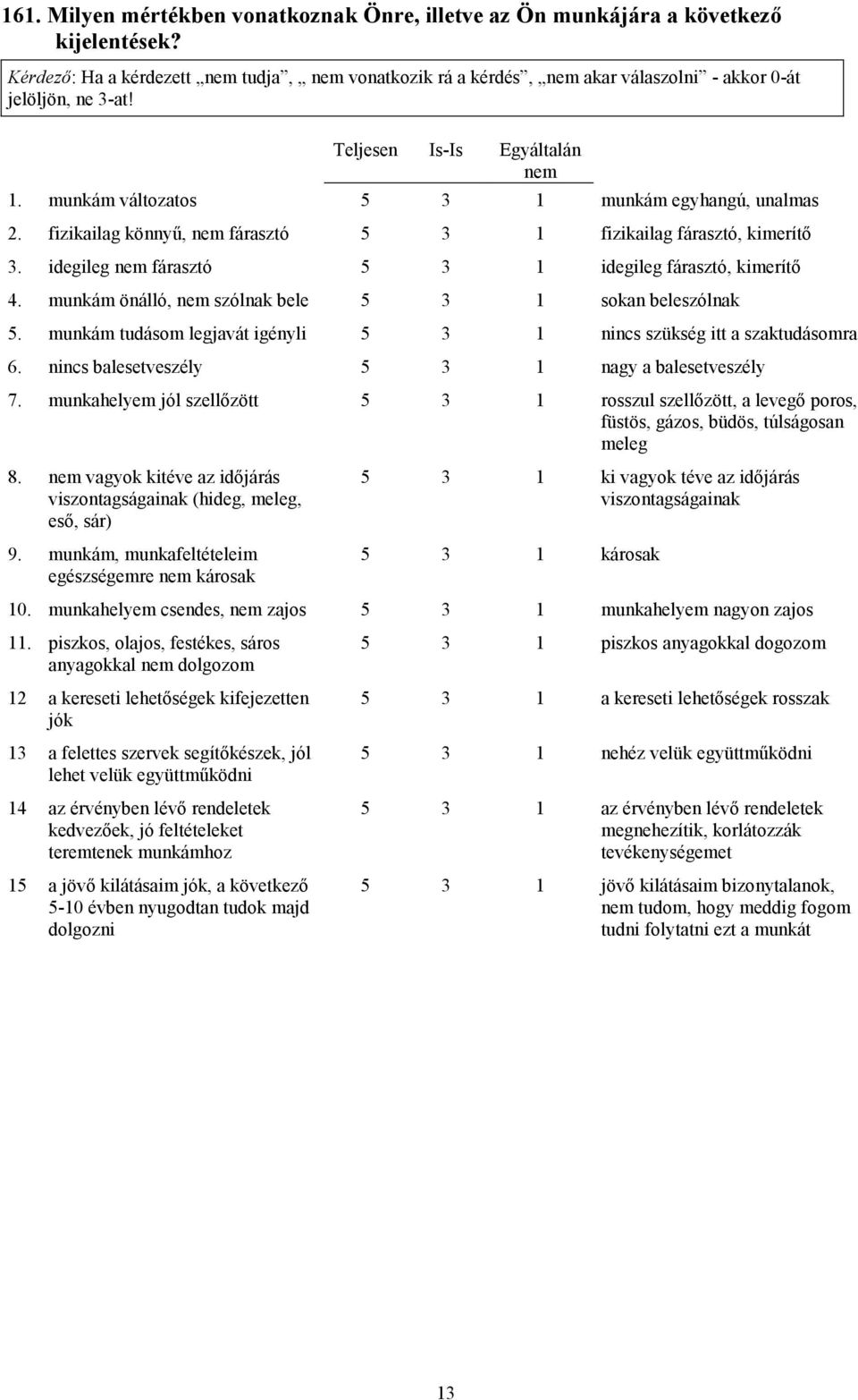 fizikailag könnyű, nem fárasztó 5 3 1 fizikailag fárasztó, kimerítő 3. idegileg nem fárasztó 5 3 1 idegileg fárasztó, kimerítő 4. munkám önálló, nem szólnak bele 5 3 1 sokan beleszólnak 5.