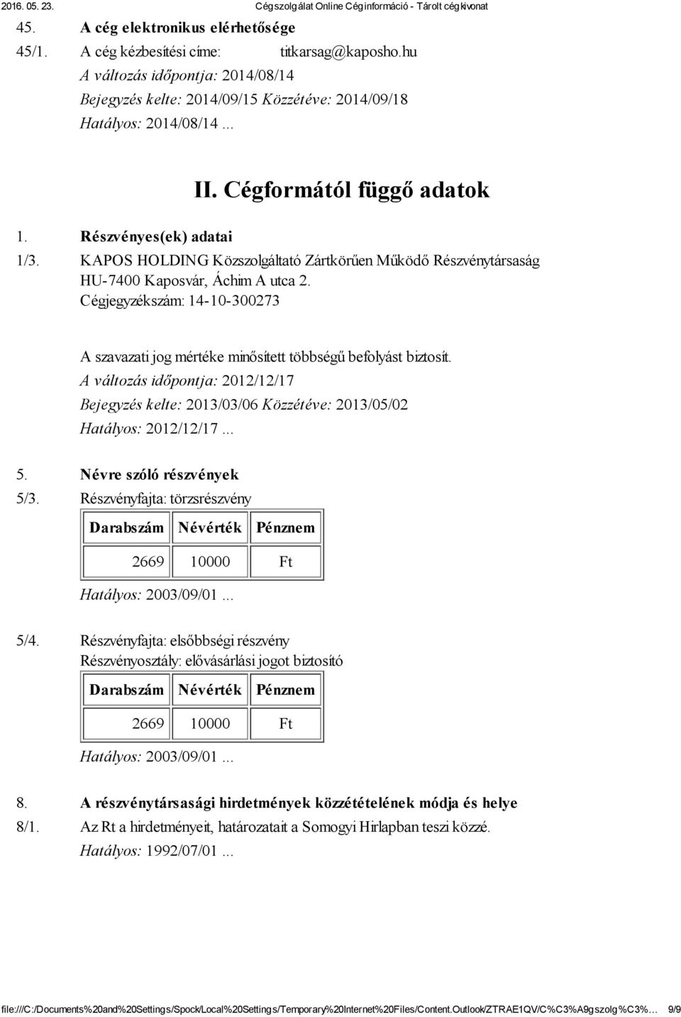 Cégjegyzékszám: 14-10-300273 A szavazati jog mértéke minősített többségű befolyást biztosít. A változás időpontja: 2012/12/17 Bejegyzés kelte: 2013/03/06 Közzétéve: 2013/05/02 Hatályos: 2012/12/17... 5.