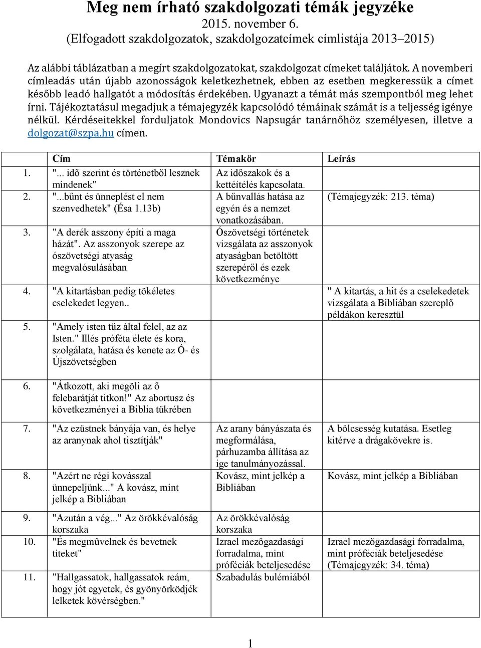 A novemberi címleadás után újabb azonosságok keletkezhetnek, ebben az esetben megkeressük a címet később leadó hallgatót a módosítás érdekében. Ugyanazt a témát más szempontból meg lehet írni.