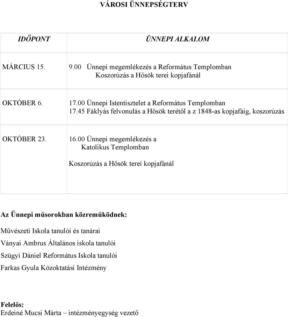 00 Ünnepi megemlékezés a Katolikus ban Koszorúzás a Hősök terei kopjafánál Az Ünnepi műsorokban közreműködnek: Művészeti Iskola tanulói és