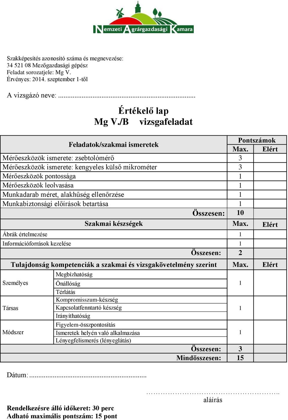 Munkabiztonsági előírások betartása 1 Összesen: 10 Szakmai készségek Max.