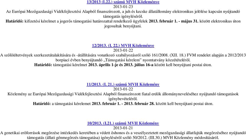 Határid : kifizetési kérelmet a joger s támogatási határozattal rendelkez ügyfelek 2013. február 1. - május 31. között elektronikus úton jogosultak benyújtani. 12/2013. (I. 22.