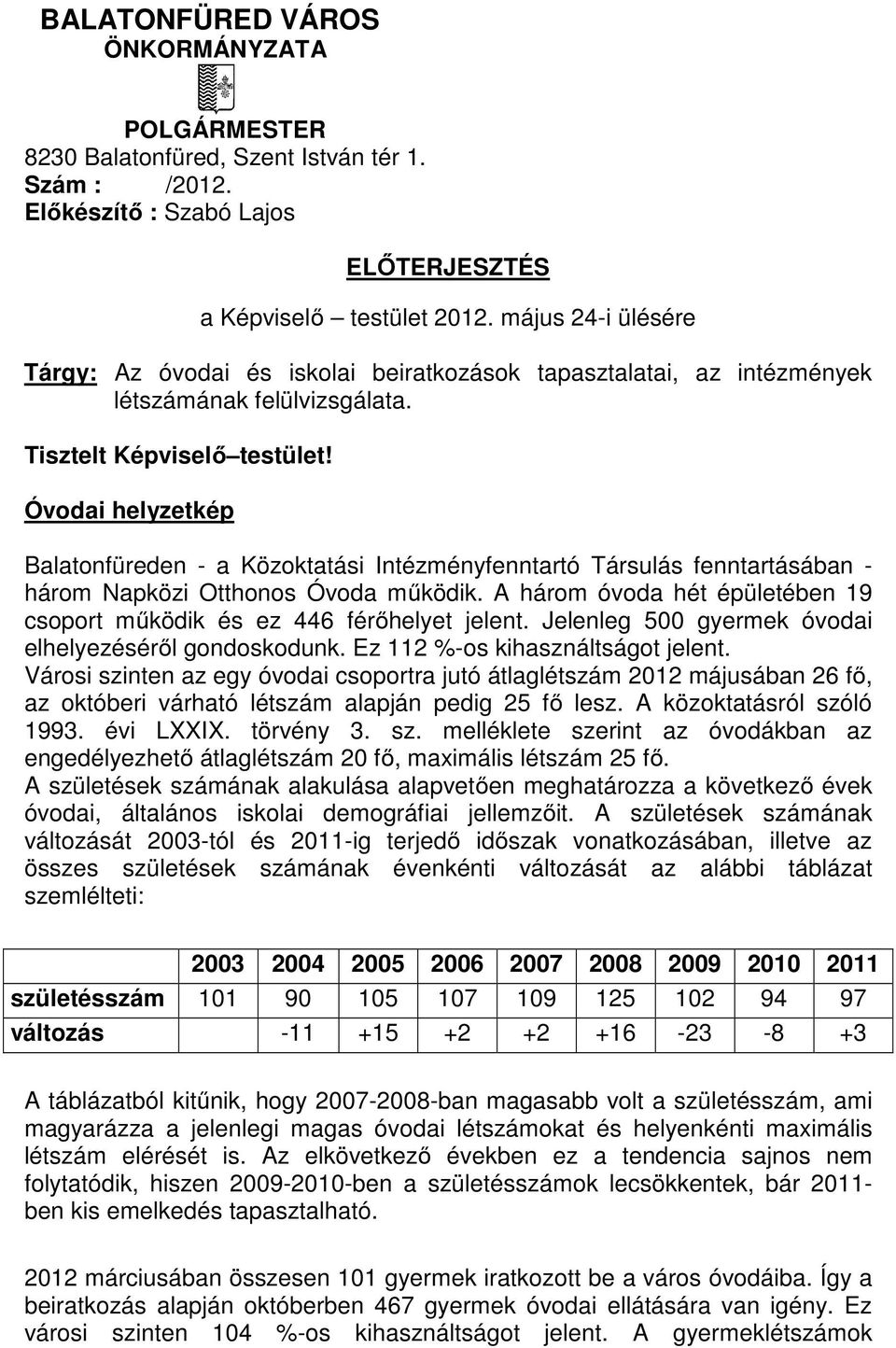 Óvodai helyzetkép Balatonfüreden - a Közoktatási Intézményfenntartó Társulás fenntartásában - három Napközi Otthonos Óvoda mőködik.