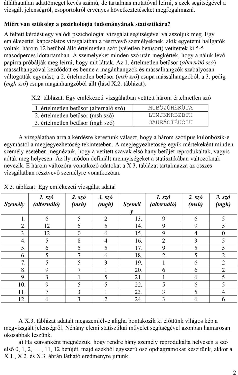 Egy emlékezettel kapcsolatos vizsgálatban a résztvevő személyeknek, akik egyetemi hallgatók voltak, három betűből álló értelmetlen szót (véletlen betűsort) vetítettek ki - másodperces időtartamban.