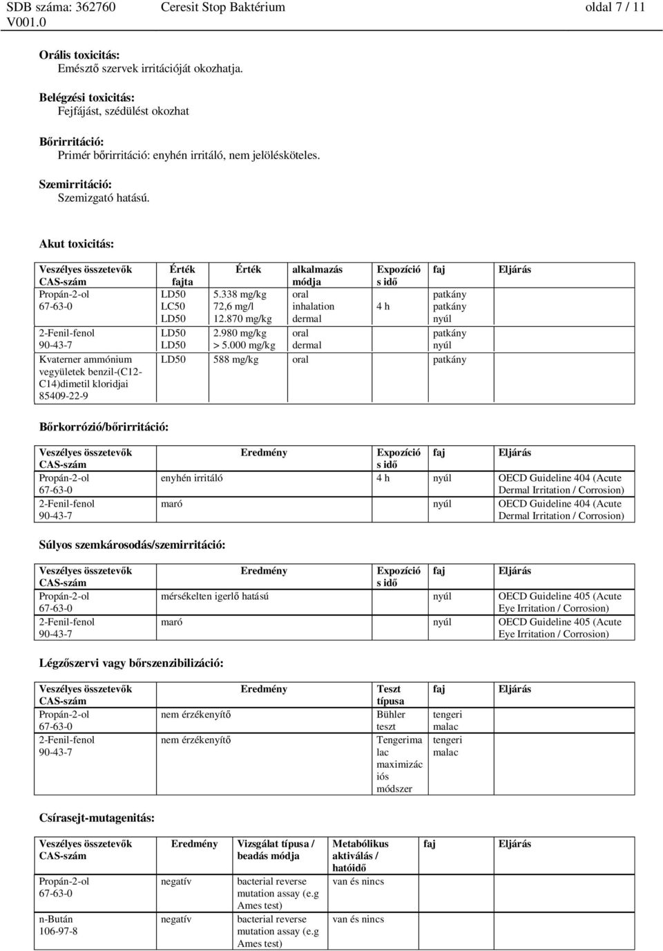 Akut toxicitás: Kvaterner ammónium vegyületek benzil-(c12- C14)dimetil kloridjai Érték ta Érték alkalmazás módja Expozíció s id LD50 5.