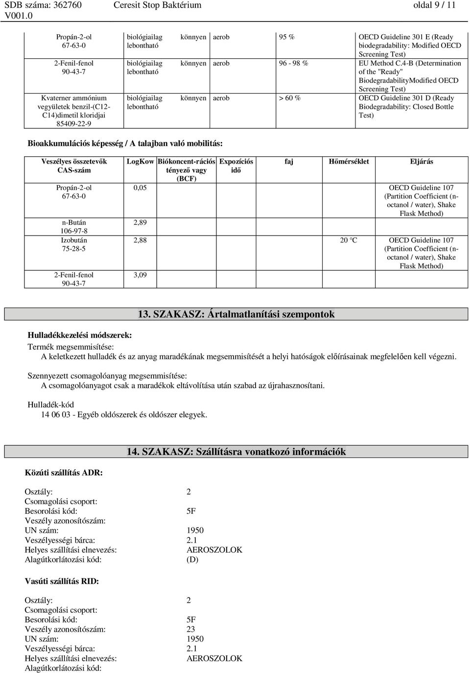 4-B (Determination of the "Ready" BiodegradabilityModified OECD Screening Test) aerob > 60 % OECD Guideline 301 D (Ready Biodegradability: Closed Bottle Test) Bioakkumulációs képesség / A talajban